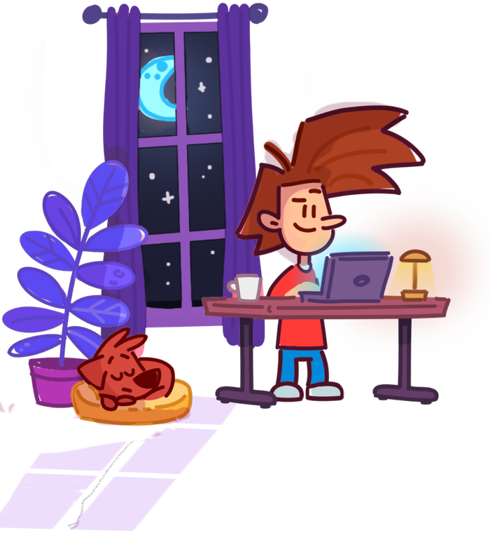 Cartoon illustration of developer at standing desk next to sleeping dog at night time.