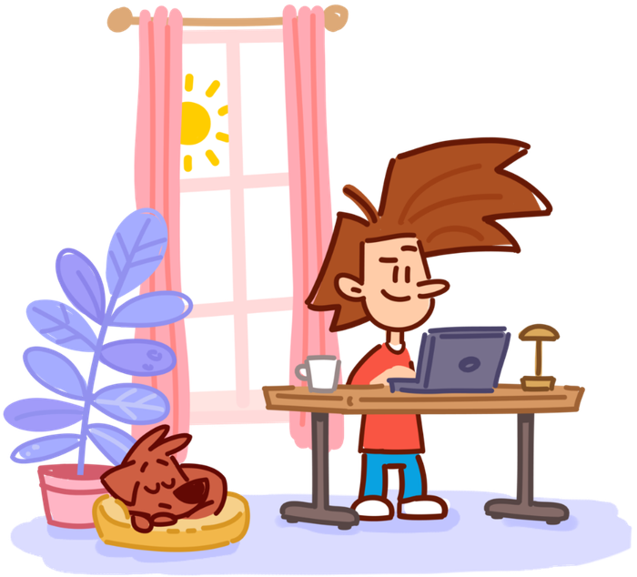 Cartoon illustration of developer at standing desk next to sleeping dog.